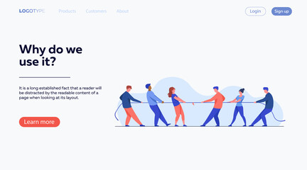 People pulling opposite ends of rope flat vector illustration. Tug of war contest between office workers. Competition challenge and confrontation concept © SurfupVector
