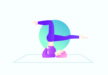 Young woman doing yoga exercise. Female in purple sportswear on the green circle background. Editable vector illustration