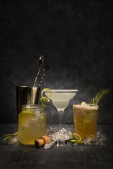 Alcoholic beverages on a dark wooden background