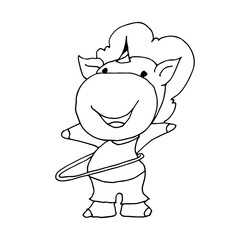 Coloring book for kids - unicorn exercises and twists the hoop. Black and white cute cartoon unicorns. Vector illustration.