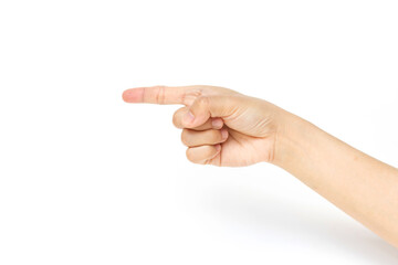 Female hand showing gesture on white background. Body language concept.