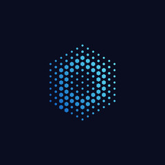 Letter p pixel logo hexagon blue color. Technology, business, and digital logotype vector concept