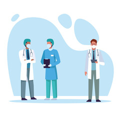 group of doctors wearing medical masks characters