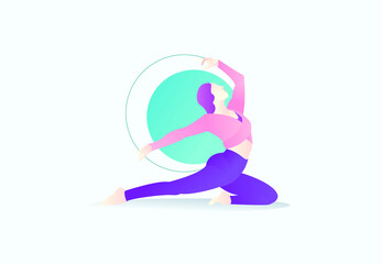 Woman doing yoga exercise vector illustration with green rounds on background