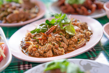 Thai food Larb Mhoo - Spicy and lime mint pork