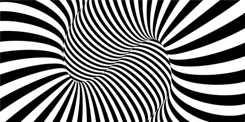 Abstract background in lines style. Black and white monochrome stripes banner. 3D torus with optical Illusion. Vector Illustration.