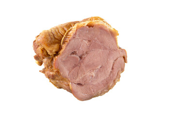 Smoked boneless piece of ham isolated on a white background. Meat factory cooked ham product photo