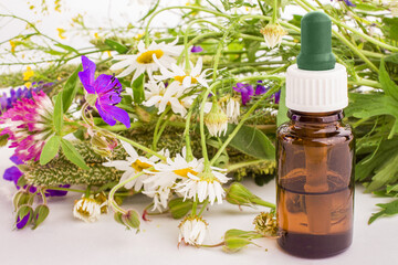 Dropper glass bottle with natural essential oil and a bouquet of wild flowers. Alternative medicine. Aromatherapy.