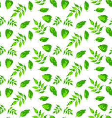 Seamless Endless Hand Painting Abstract Green Leaves Vector Pattern Isolated Background