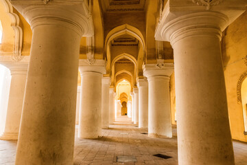 Wide view of an ancient Thirumalai Nayak Palace, sculptures and pillars, Madurai, Tamil nadu, India.