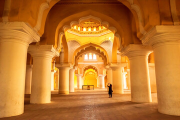 Wide view of an ancient Thirumalai Nayak Palace, sculptures and pillars, Madurai, Tamil nadu, India.