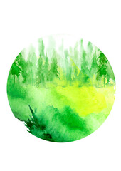 Watercolor group of trees - fir, pine, cedar, fir-tree. green forest, countryside landscape. Summer, autumn landscape. abstract fog forest, silhouette of trees. Figure in a round shape. Icon, logo