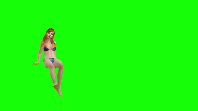 4k 3d animation of a young avatar girl in a bikini, sitting on a beach relaxing and then arguing with someone.