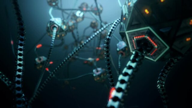 synthetic brain cell neurons firing electric impulses. Camera fly trough animation