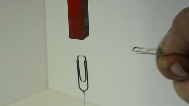 A paperclip hovers under a magnet, kept down by a string. Another paperclip is inserted in the gap between magnet and clip. This paperclip divets the magnetic field and the hovering paperclip falls.