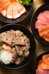 assorted of japanese donburi from above shot