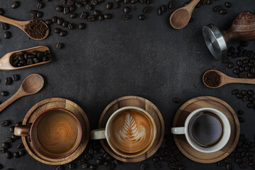 Cup of coffee and Coffee composition on black background. Copy space. Top view. Flat lay.