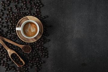 Cup of coffee and Coffee composition on black background. Copy space. Top view. Flat lay.