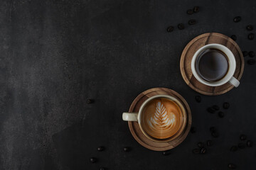 Cup of coffee and Coffee composition on black background. Copy space. Top view. Flat lay.