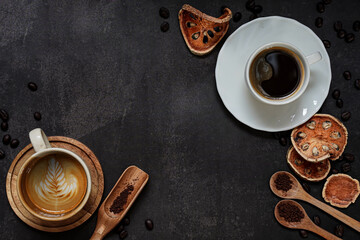 Cup of coffee and Coffee composition on black background. Copy space. Top view. Flat lay.