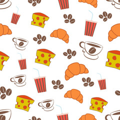 Seamless pattern of coffee in beans, cup, roll, glass and cheese. Vector illustration