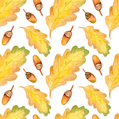 Seamless pattern with acorns and oak leaves. Autumn watercolor background