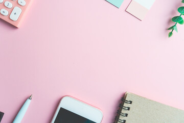 Flat lay, top view office table desk. Workspace with blank copy space supplies decorate as frame on white or color pastel.