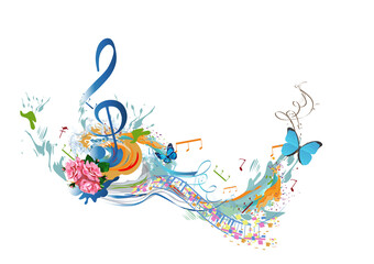 Abstract musical design with a treble clef and colorful splashes, notes and waves. Colorful treble clef. Hand drawn vector illustration. - 363130544
