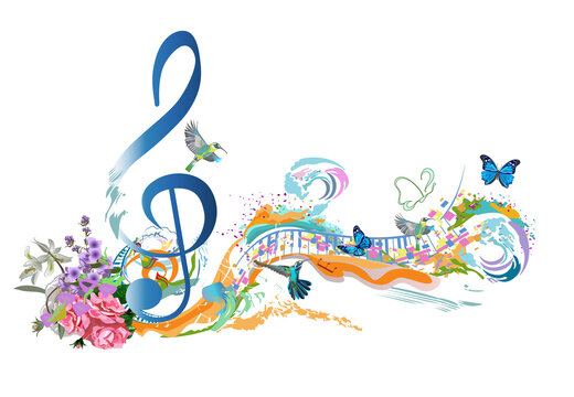 Abstract musical design with a treble clef and colorful splashes, notes and waves. Colorful treble clef. Hand drawn vector illustration.