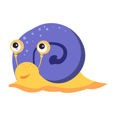 Funny snail with blue cochlea flat icon. Book character, pet, gastropod. Mollusk concept. illustration can be used for topics like zoology, nature, fauna