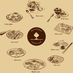 Vector set of monochrome sweets illustration. Various national sweets of the world. Hand drawn details.