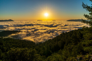 Sunrise views from the Montcabrer mountain in a day with clouds, Cocentaina.