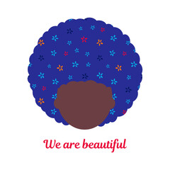 illustration, icon of a black woman with floral hair. we are all beautiful. modern abstract design for packaging, print for clothes, fabric