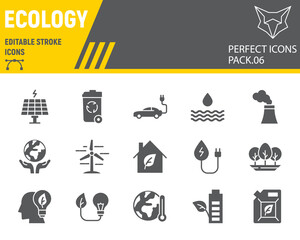 Ecology glyph icon set, eco symbols collection, vector sketches, logo illustrations, environment icons, green ecology signs solid pictograms, editable stroke.