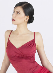 Studio shot of a lady in red dress