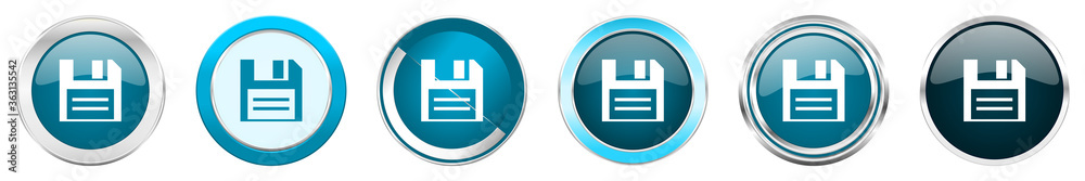 Poster Disk silver metallic chrome border icons in 6 options, set of web blue round buttons isolated on white background