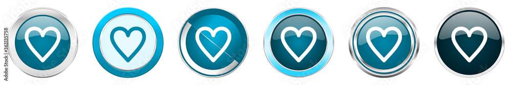 Aufkleber heart silver metallic chrome border icons in 6 options, set of web blue round buttons isolated on wh