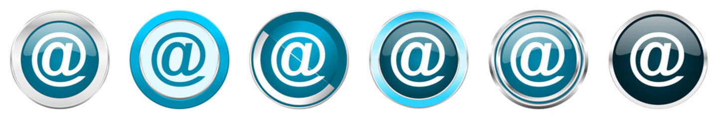 Email silver metallic chrome border icons in 6 options, set of web blue round buttons isolated on white background