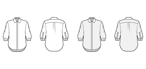 Naklejka premium Classic shirt technical fashion illustration set with button down front opening, round collar, elbow sleeves, oversized body. Flat apparel template front back white grey color. Women men unisex mockup