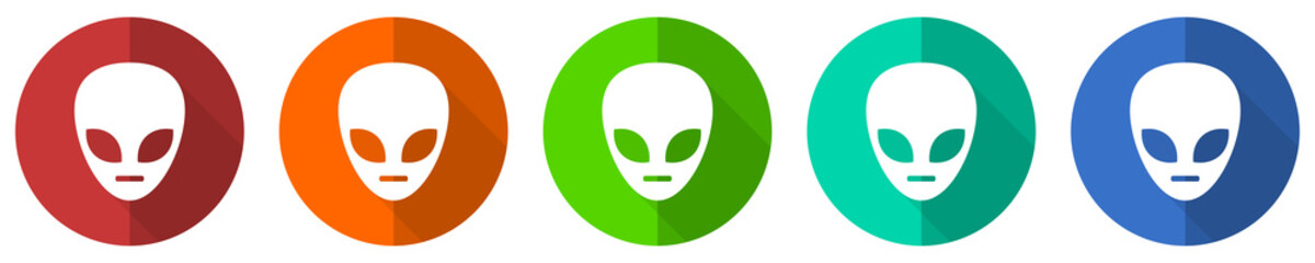 Alien face icon set, red, blue, green and orange flat design web buttons isolated on white background, vector illustration