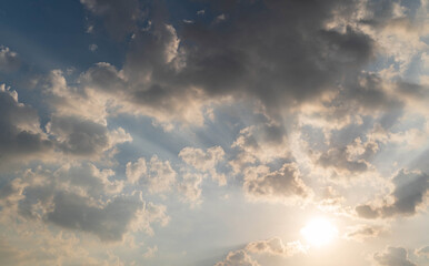 Scene of Ray light on sun beam with Moving clouds background in nature and travel concept, wide angle shot Panorama shot.