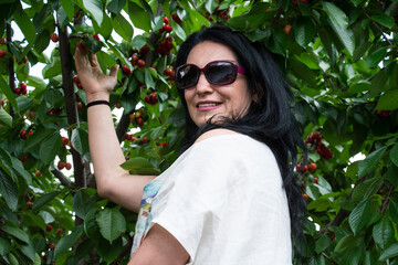 Smiling woman in cherry tree