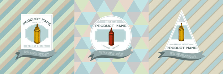 Three colored labels with illustration of sauce bottles