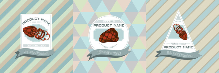 Three colored labels with illustration of grilled bell pepper