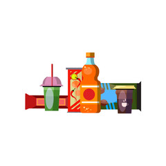 Sweet snacks and beverages. Soft drinks and candies. Can be used for topics like food, package, product