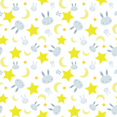 Baby boy nursery seamless pattern with blue bunnies, cute rabbits, stars and moon on white background. Perfect for fabric, textile, nursery decoration, baby shower. Surface pattern design.