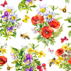 Summer meadow flowers, grasses, butterflies, honey bee. Seamless floral pattern. Watercolor