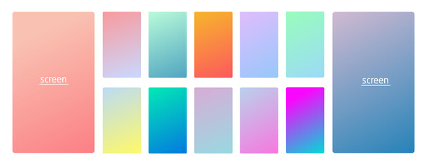 Pastel gradient smooth and vibrant soft color background set for devices, pc and modern smartphone screen soft pastel color backgrounds vector ux and ui design illustration isolated on white.