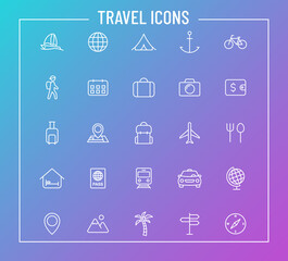 travel outline vector icons on color gradient background. travel icon set for web design and user interface design, mobile apps and print products
