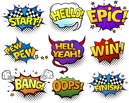 Comic speech bubbles set with different emotions and text Start, Hello, Epic, Pew, Win, Oops, Bang, Finish. Bright dynamic cartoon illustration in retro pop art style isolated on white background